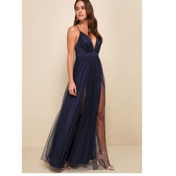 Lulus Rare Beauty Navy Blue Tulle X Back Maxi Dress by Lulus NWOT - Picture 3 of 7